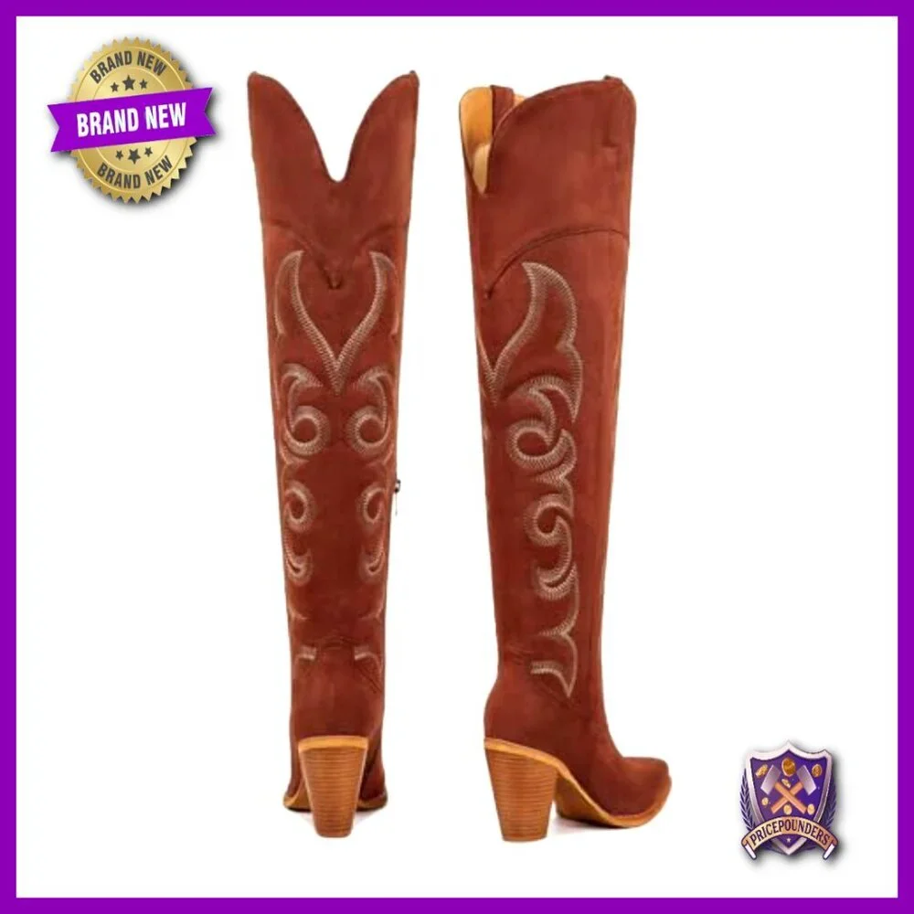 Knee High Cowboy Boots Chunky Heel Western Pull On Tab Stylish Retro